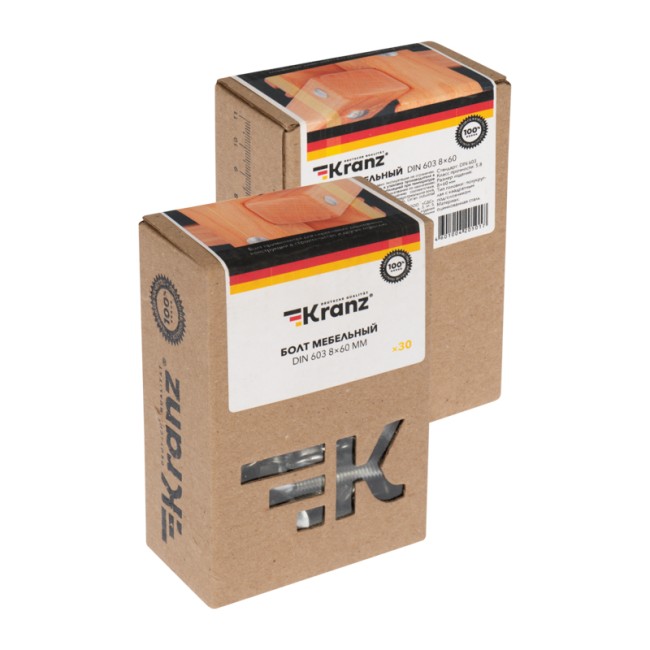 Болт мебельный KRANZ DIN 603, 8х60, короб (30 шт./уп.) Болт мебельный KRANZ DIN 603, 8х60, короб (30 шт./уп.)