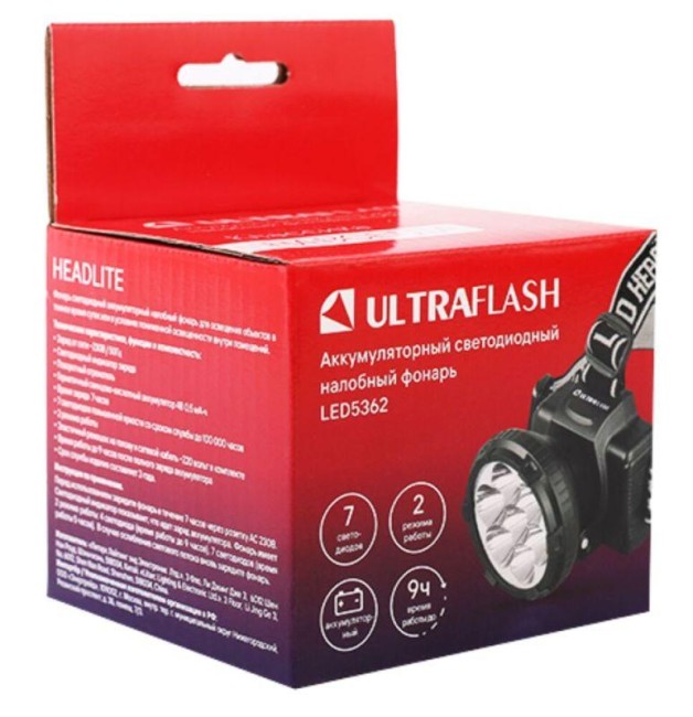 Фонарь аккумуляторный налобный LED5362 7LED 2 режима 220В пластик. черн. (бокс) Ultraflash 11256 Фонарь аккумуляторный налобный LED5362 7LED 2 режима 220В пластик. черн. (бокс) Ultraflash 11256