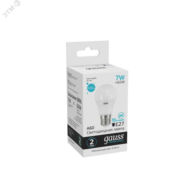 Лампа светодиодная LED 7 Вт 540 Лм 4100К белая E27 A60 Elementary Gauss Лампа светодиодная LED 7 Вт 540 Лм 4100К белая E27 A60 Elementary Gauss