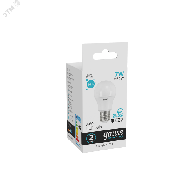 Лампа светодиодная LED 7 Вт 540 Лм 4100К белая E27 A60 Elementary Gauss Лампа светодиодная LED 7 Вт 540 Лм 4100К белая E27 A60 Elementary Gauss