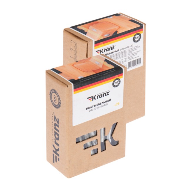 Болт мебельный KRANZ DIN 603, 8х80, короб (25 шт./уп.) Болт мебельный KRANZ DIN 603, 8х80, короб (25 шт./уп.)