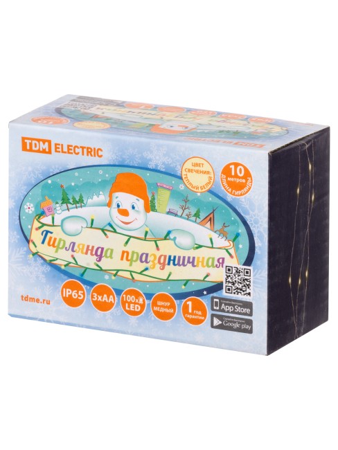 Гирлянда светодиодная "Роса100" 100LED, 10м, 3000К, 3хАА, наружное использование, IP65, TDM