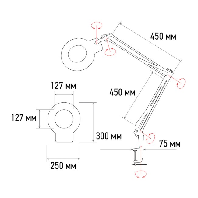Лупа на струбцине круглая 5D с подсветкой 72 SMD, сенсорный регулятор яркости, ø152мм, белая REXANT Лупа на струбцине круглая 5D с подсветкой 72 SMD, сенсорный регулятор яркости, ø152мм, белая REXANT