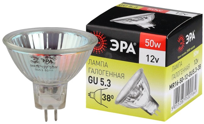 Лампа накаливания галогенная GU5.3-MR16-50W-12V-CL (галоген, софит, 50Вт, нейтр, GU5.3) (10/200/6000) ЭРА