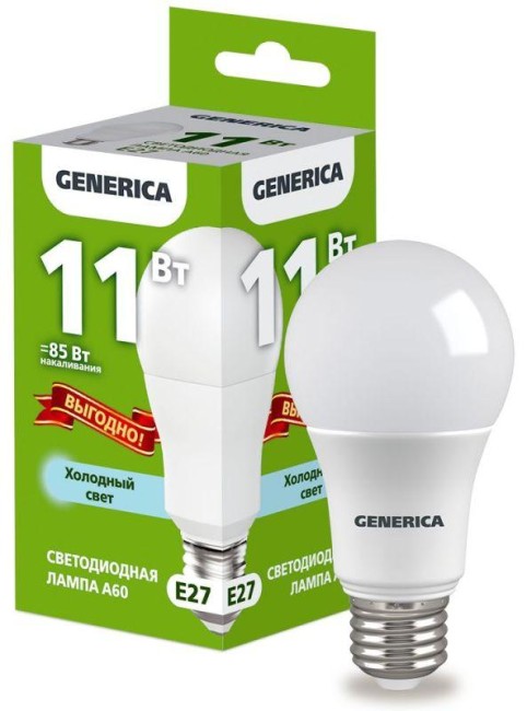 Лампа светодиодная A60 11Вт грушевидная 6500К E27 230В промо GENERICA LL-A60-11-230-65-E27-G