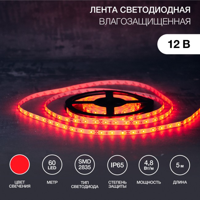 Лента светодиодная 12В, SMD2835, 60 LED/м, красный, 8мм, 5м, IP65 LAMPER