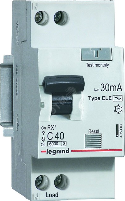 Выключатель автоматический дифференциального тока АВДТ RX3 6000 6 кА, тип характеристики С 1П+Н 230 В~, 16А, тип AС, 30 ма, 2 модуля