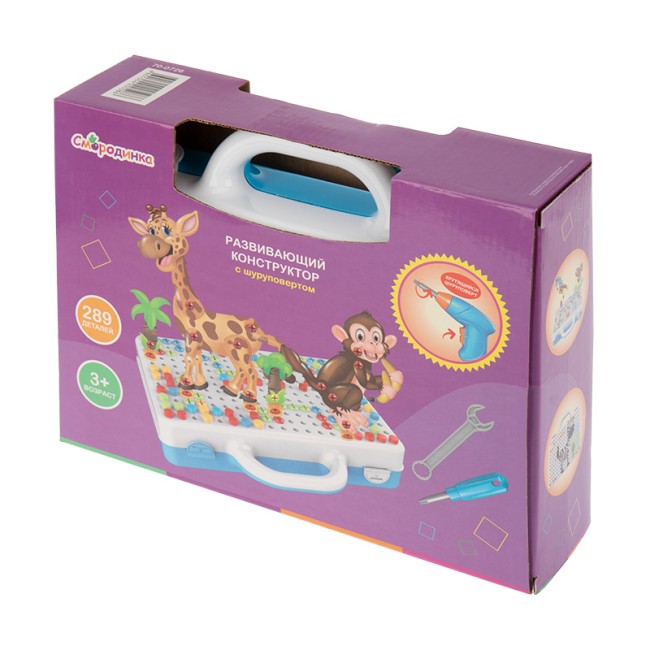 Развивающий детский конструктор с шуруповертом и мозаикой Смородинка 289 деталей Смородинка