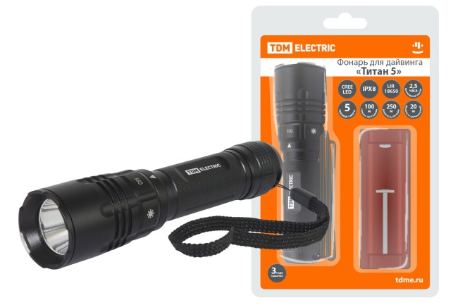 Фонарь «Титан 5» для дайвинга, 10 Вт CREE 800 лм, 1х18650 3.7 В 2600 мА*ч, IPX8, до 100 м,TDM Фонарь «Титан 5» для дайвинга, 10 Вт CREE 800 лм, 1х18650 3.7 В 2600 мА*ч, IPX8, до 100 м,TDM