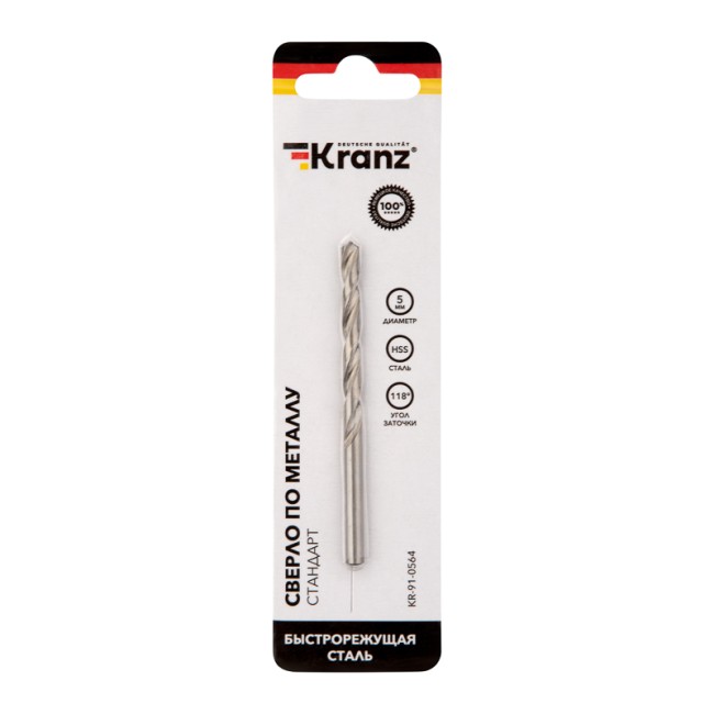 Сверло по металлу 5,0х86х52 мм HSS (1 шт. в упаковке) DIN 338 Kranz