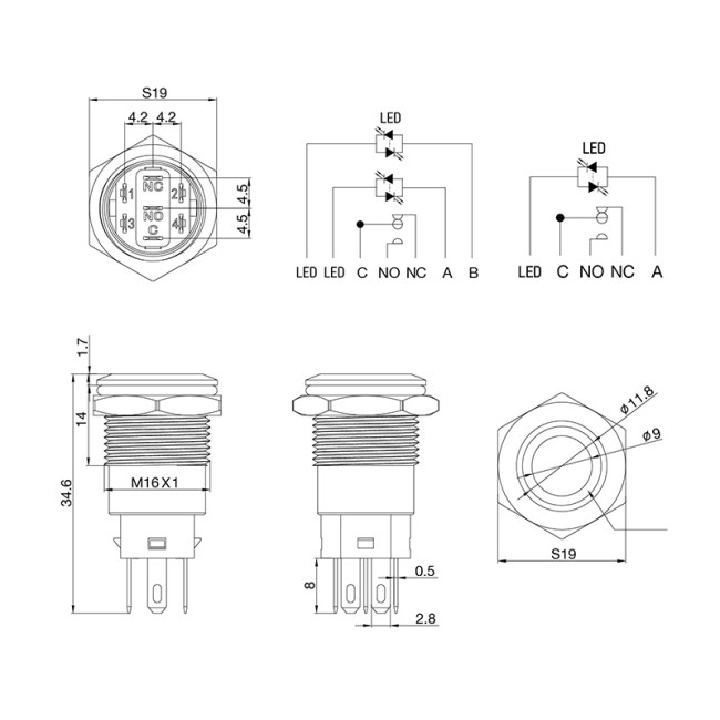 Кнопка  антивандальная Ø16 12В Б/Фикс (5с) (ON)-OFF/(OFF)-ON красная  REXANT