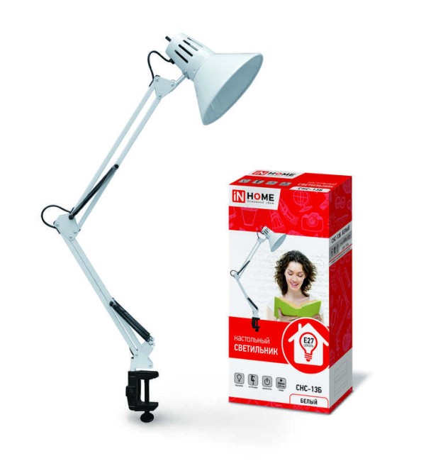 Светильник настольный СНС 13Б 60Вт E27 230В под лампу на струбцине бел. (кор.) IN HOME 4690612012728 Светильник настольный СНС 13Б 60Вт E27 230В под лампу на струбцине бел. (кор.) IN HOME 4690612012728