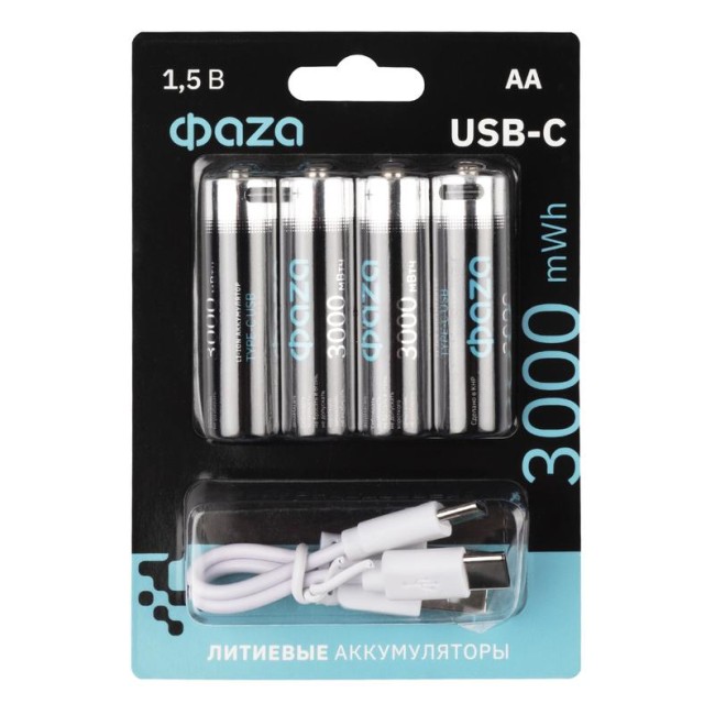 Аккумулятор литиевый AA 1.5В Li-Ion 3000мВт.ч 2000мА.ч зарядка от Type-C шнур в комплекте BL-4 (уп.4шт) ФАZА 5061606 Аккумулятор литиевый AA 1.5В Li-Ion 3000мВт.ч 2000мА.ч зарядка от Type-C шнур в комплекте BL-4 (уп.4шт) ФАZА 5061606