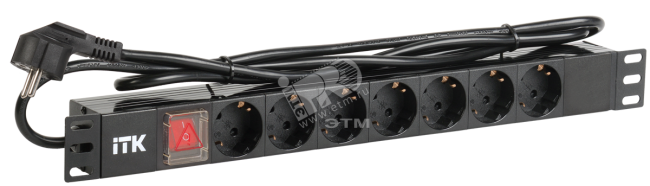 Блок розеток (PDU) 7 розеток DIN49440 с LED выключателем 1U шнур 2м вилка профиль из ПВХ черный (нем.станд)