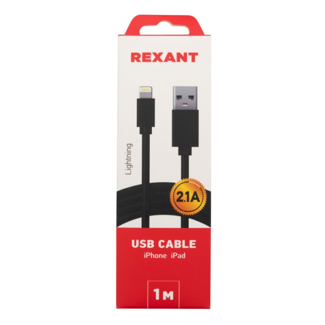 Кабель REXANT USB-Lightning 2.1 А, 1 м, черный ПВХ