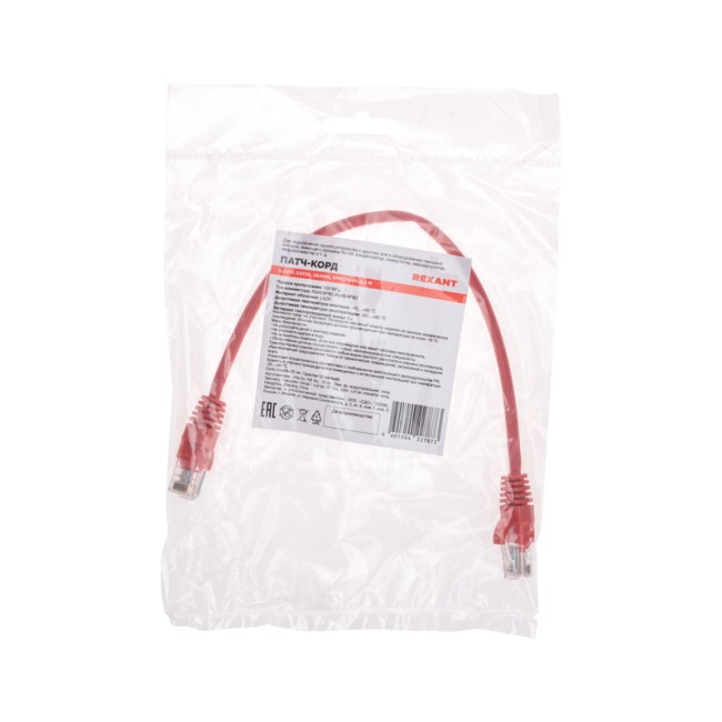 Патч-корд U/UTP, CAT 5e, RJ45-RJ45, 26AWG, LSZH, красный, 0,3м REXANT Патч-корд U/UTP, CAT 5e, RJ45-RJ45, 26AWG, LSZH, красный, 0,3м REXANT