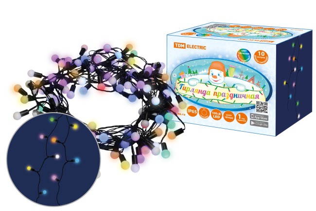 Гирлянда светодиодная "Шарики" 100LED, 10м, многоцвет., каучук чер., посл.подключ., 250 В, IP65, TDM Гирлянда светодиодная "Шарики" 100LED, 10м, многоцвет., каучук чер., посл.подключ., 250 В, IP65, TDM