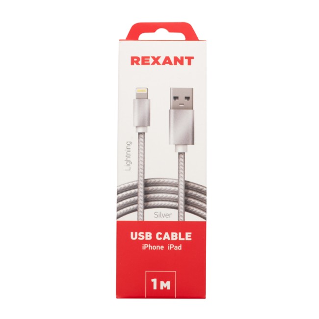 Кабель REXANT USB-Lightning 1 м, серебристая нейлоновая оплетка