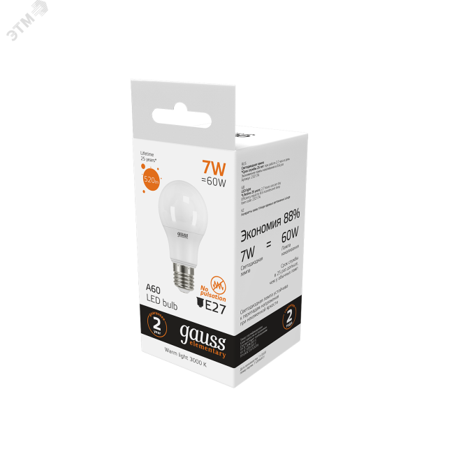 Лампа светодиодная LED 7 Вт 520 Лм 3000К теплая E27 A60 Elementary Gauss Лампа светодиодная LED 7 Вт 520 Лм 3000К теплая E27 A60 Elementary Gauss
