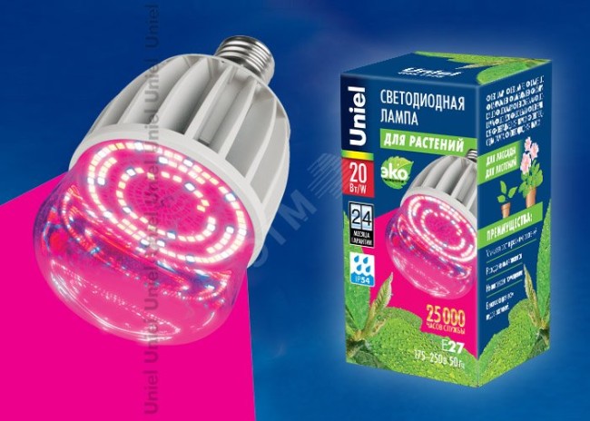 Лампа светодиодная для растений LED-M80-20W/SP/E27/CL ALS55WH спектр для рассады Форма M IP54 алюминий Uniel