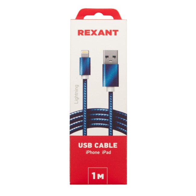 Кабель REXANT USB-Lightning 1 м, синяя нейлоновая оплетка