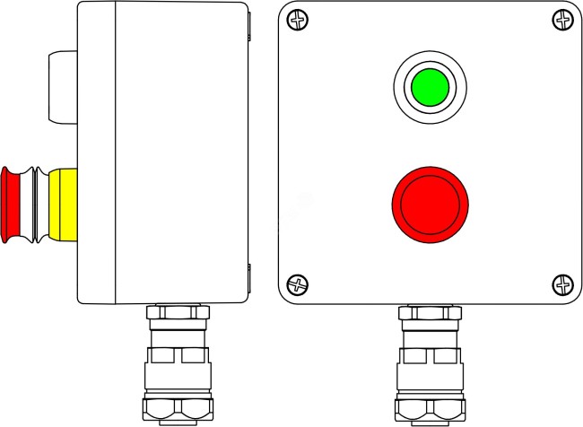 Коробка клеммная взрывозащищенная из GRP. 1Ex d e IIC T5 Gb X IP66. Ex tb IIIB T95C Db X. Аварийная кнопка красная, 1NC/1NO-1шт. Кнопка зеленая, 1NC/1NO-1шт. B: ввод D8-13мм под небронированный кабель в металлорукаве Dt 20мм. Ni-1шт.