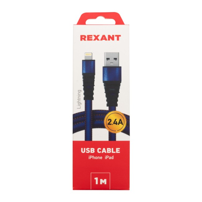 Кабель REXANT USB-Lightning 2.4 A, 1 м, синяя нейлоновая оплетка