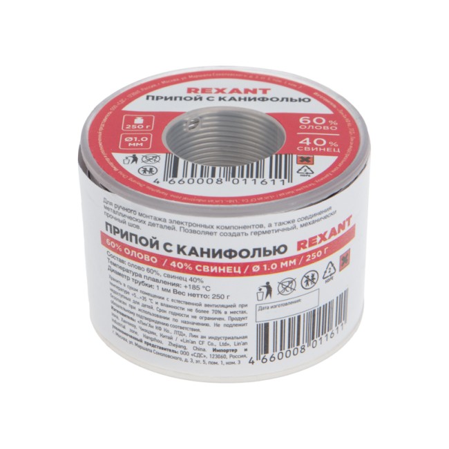 Припой с канифолью, 250г, Ø1мм, (олово 60%, свинец 40%), катушка REXANT