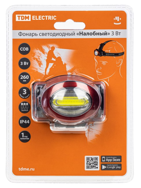 Фонарь светодиодный "Налобный" 3 Вт COB, 260 лм, бат. 3*AAA TDM
