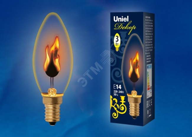 Лампа LED декоративная светодиодная, форма свеча, IL-N-C35-3/RED-FLAME/E14 /CL TM UNIEL, прозрачная