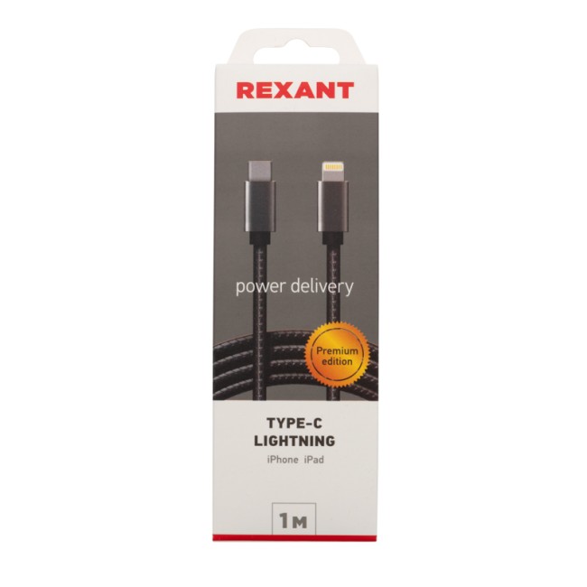 Кабель REXANT Type-C-Lightning PD, 1 м, графит, нейлон