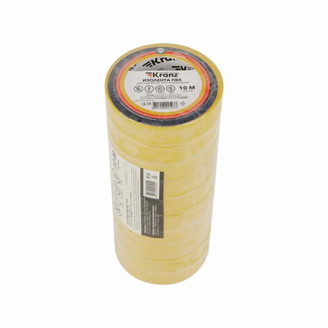 Изолента ПВХ 0,13х15 мм, 10 м, желтая KRANZ Изолента ПВХ 0,13х15 мм, 10 м, желтая KRANZ