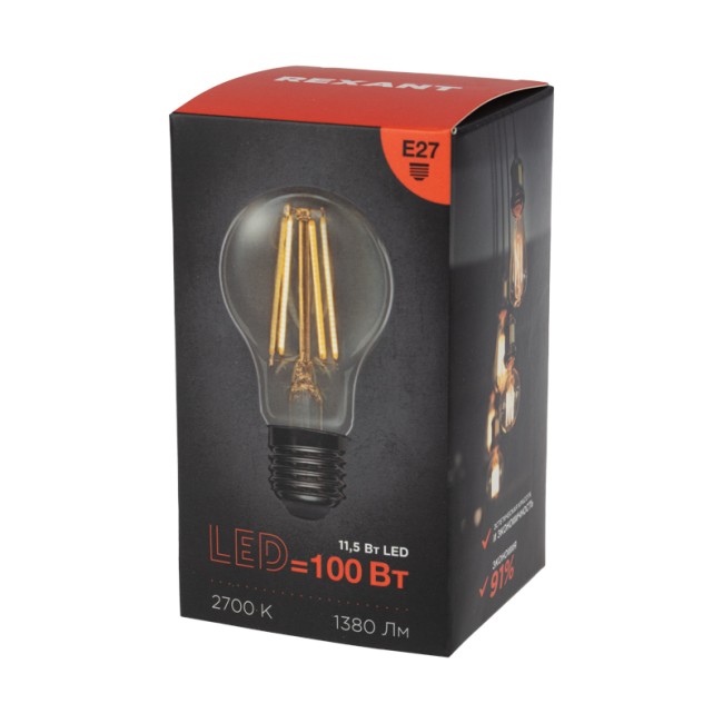 Лампа филаментная Груша A60 11,5Вт 1380Лм 2700K E27 прозрачная колба REXANT Лампа филаментная Груша A60 11,5Вт 1380Лм 2700K E27 прозрачная колба REXANT