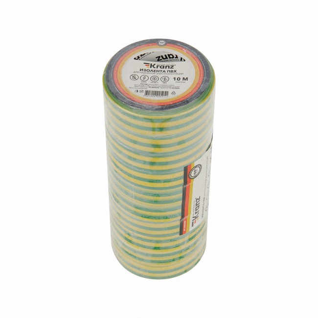 Изолента ПВХ 0,13х15 мм, 10 м, желто-зеленая KRANZ Изолента ПВХ 0,13х15 мм, 10 м, желто-зеленая KRANZ