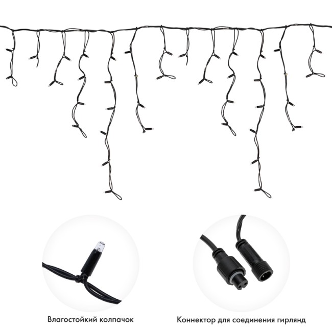 Гирлянда светодиодная Бахрома (Айсикл), 5х0,7м, 152 LED БЕЛЫЙ, черный КАУЧУК 2,3мм, IP67, эффект мерцания, 230В NEON-NIGHT (шнур питания в комплекте)
