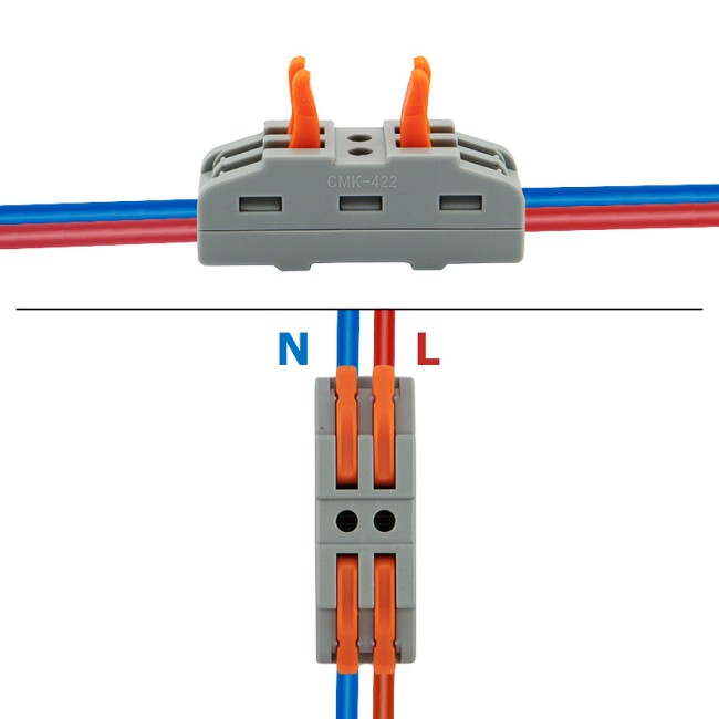 Клемма СМК 222-422 проходная 2 полюса (0,08-4 мм²), серая (25 шт./уп.) REXANT Клемма СМК 222-422 проходная 2 полюса (0,08-4 мм²), серая (25 шт./уп.) REXANT