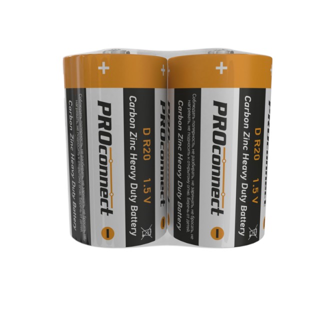 Батарейка солевая D/R20, 1,5В, 2 шт, термопленка PROconnect Батарейка солевая D/R20, 1,5В, 2 шт, термопленка PROconnect