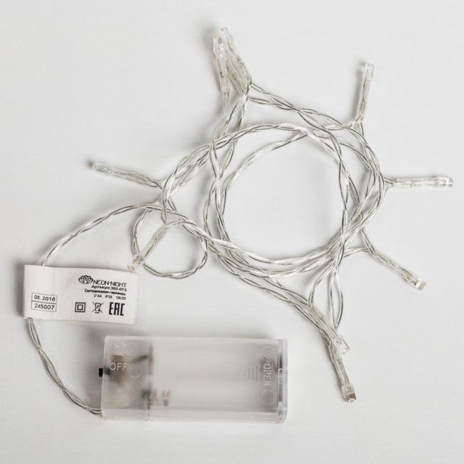 Гирлянда светодиодная универсальная 10 LED, 1,2 метра, прозрачный ПВХ, теплое белое свечение, батарейки 2хАА NEON-NIGHT Гирлянда светодиодная универсальная 10 LED, 1,2 метра, прозрачный ПВХ, теплое белое свечение, батарейки 2хАА NEON-NIGHT