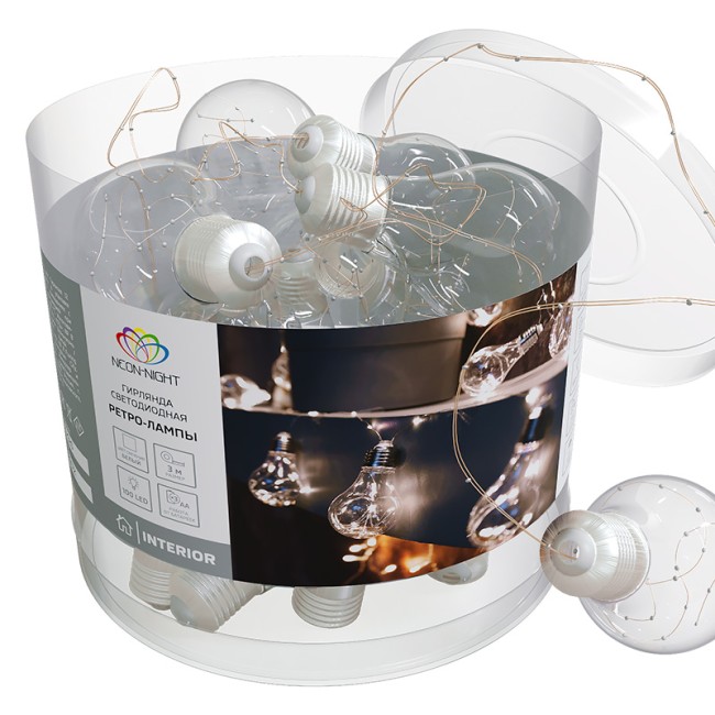Гирлянда светодиодная Ретро-лампы 3 м, белое свечение, батарейки 3хАА NEON-NIGHT Гирлянда светодиодная Ретро-лампы 3 м, белое свечение, батарейки 3хАА NEON-NIGHT