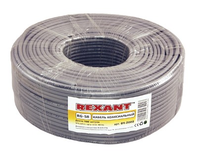 Кабель коаксиальный RG-58 A/U, 50 Ом, Cu/Al/Cu, 64%, 100м, INDOOR, серый REXANT Кабель коаксиальный RG-58 A/U, 50 Ом, Cu/Al/Cu, 64%, 100м, INDOOR, серый REXANT