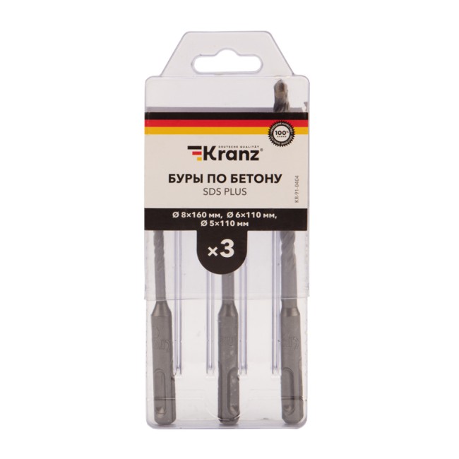 Набор буров по бетону 5х110х50, 6х110х50, 8х160х100 мм, 3 шт., в пластиковой коробке SDS PLUS Kranz