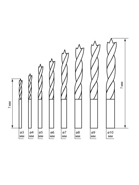 Набор сверл по дереву, 8 шт. (3-4-5-6-7-8-9-10) мм, полир., HSS, пласт. уп., "Рубин" TDM