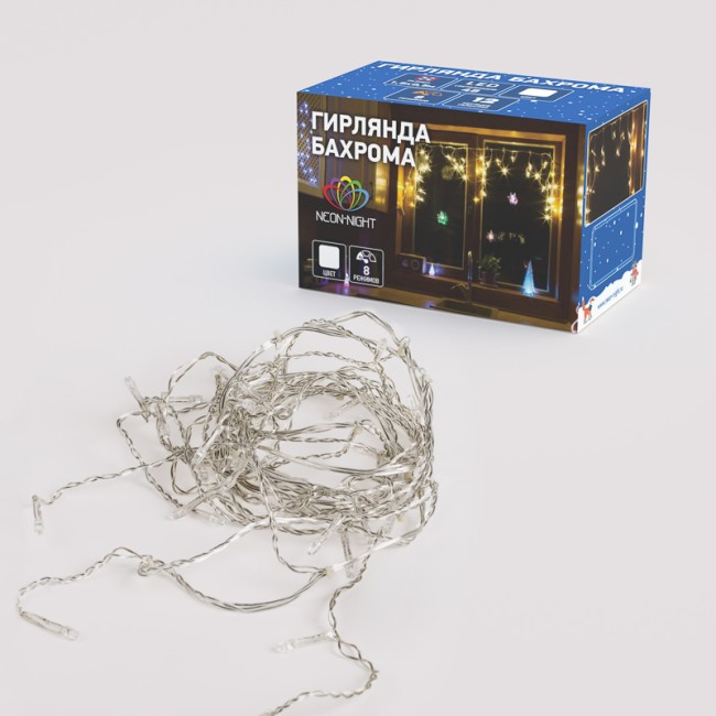 Гирлянда Айсикл (бахрома) светодиодный, 1,8 х 0,5 м, прозрачный провод, 230 В, диоды белые Гирлянда Айсикл (бахрома) светодиодный, 1,8 х 0,5 м, прозрачный провод, 230 В, диоды белые