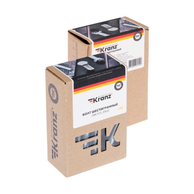 Болт шестигранный DIN 933, 8х60 короб (20 шт/уп) KRANZ