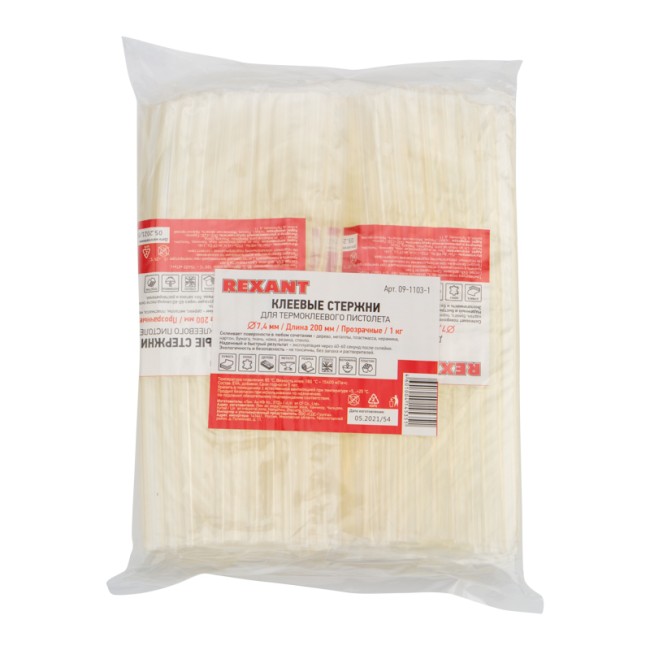 Стержни клеевые Ø7мм, 200мм, прозрачные, 1кг (0,5кг + 0,5кг), пакет REXANT Стержни клеевые Ø7мм, 200мм, прозрачные, 1кг (0,5кг + 0,5кг), пакет REXANT