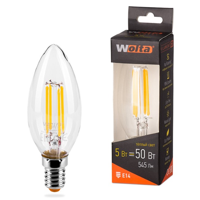 Светодиодная лампа WOLTA FILAMENT 25YCFT5E14 5Вт 3000K Е14