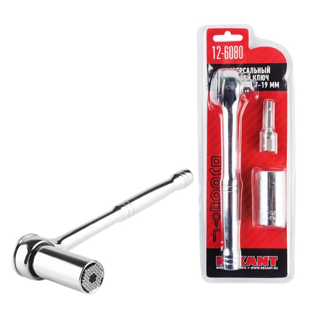 Ключ торцевой с трещоткой универсальный 7-19мм REXANT Ключ торцевой с трещоткой универсальный 7-19мм REXANT