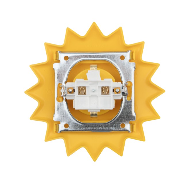 Розетка одноместная KRANZ HAPPY Солнце скрытой установки с заземлением и защитными шторками, желтая Розетка одноместная KRANZ HAPPY Солнце скрытой установки с заземлением и защитными шторками, желтая