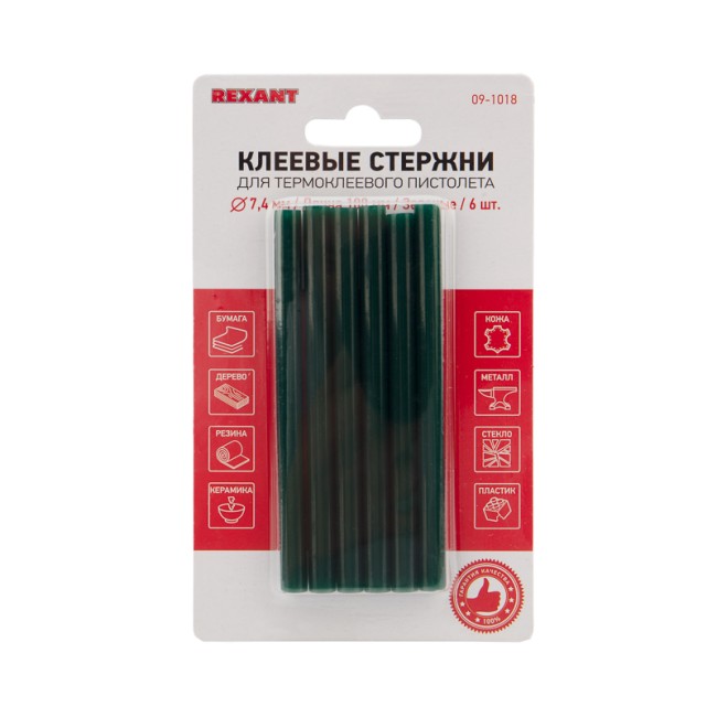 Стержни клеевые Ø7мм, 100мм, зеленые (6 шт/уп), блистер REXANT Стержни клеевые Ø7мм, 100мм, зеленые (6 шт/уп), блистер REXANT