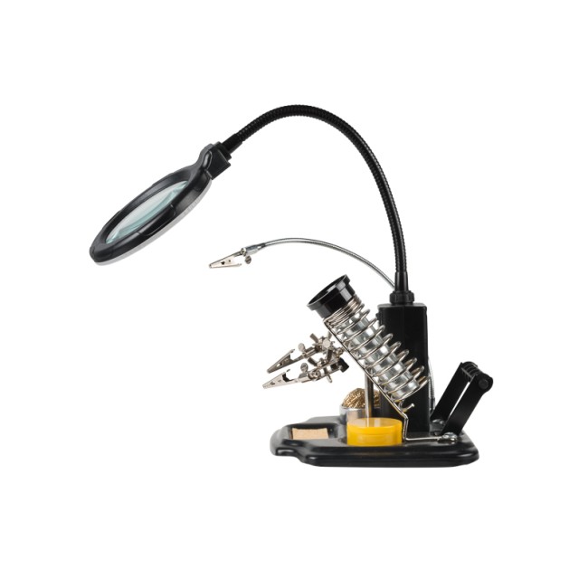 Держатель Третья рука, МАСТЕР, 3 зажима, лупа 90мм (3х), подставка паяльника, стенд припоя, LED подсветка REXANT Держатель Третья рука, МАСТЕР, 3 зажима, лупа 90мм (3х), подставка паяльника, стенд припоя, LED подсветка REXANT